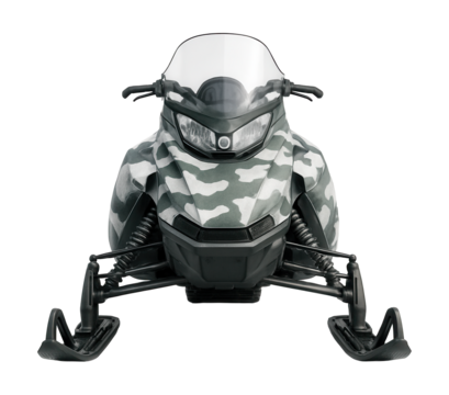Camouflaged snowmobile with a durable design.
