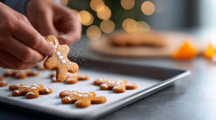 A person sprinkles powdered sugar on a gingerbread cookie shaped like a star, with more cookies in the background and blurry lights above them