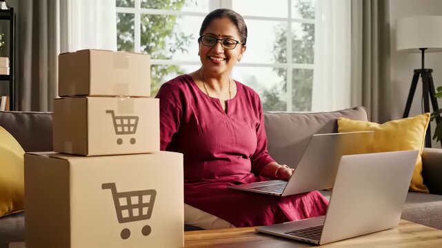 A woman comfortably sits on her couch surrounded by neatly stacked boxes, engrossed in her laptop displaying a prominent shopping cart screen, effectively conveying the concept of online.