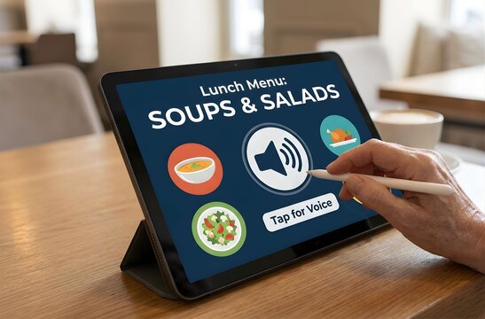Close up of a tablet displaying a lunch menu with soups salads and a hand using a stylus to tap voice