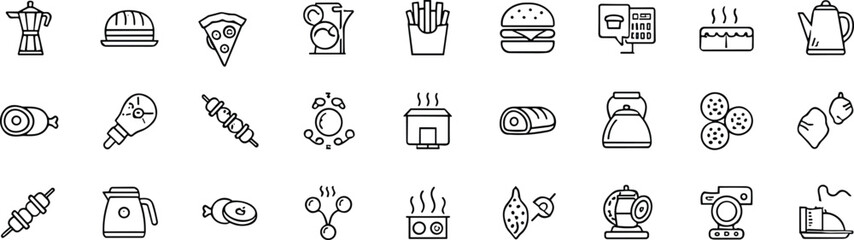 Food and kitchen icons, editable stroke, cooking sketch, appliance outline, black and white, vector illustration