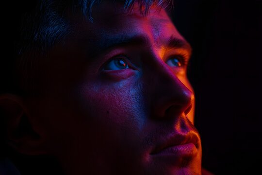 Portrait of a thoughtful man with silver hair under red and blue lighting