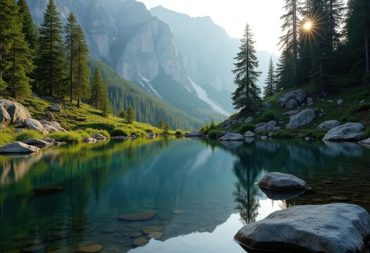 Tranquil Tarn Reflections Within Rugged Mountain Cirque Surrounded by Stirring Wilderness