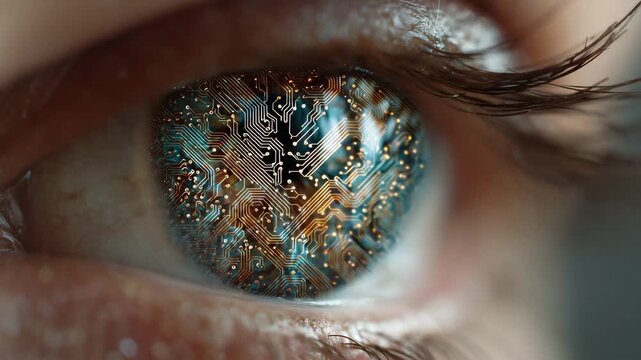 Human eye close up with digital circuit pattern inside iris symbolizing artificial intelligence vision technology future computing data processing and human machine connection
