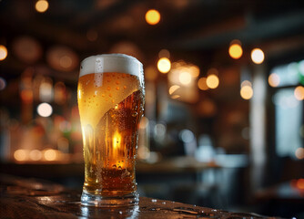 Chilled Beer Glass on Wooden Bar Counter