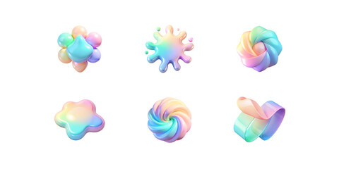 Soft pastel 3D abstract blobs isolated on white background iridescent rainbow swirls smooth rounded shapes dreamy fluid forms glossy gradient colorful organic icons