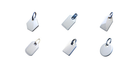 Clean white 3D shopping tag icons isolated on white background minimal rectangular and circular tags with dark loops simple glossy ecommerce label set