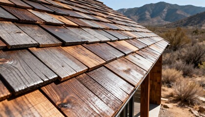 Medium shot capturing treated wooden shingles on a sloped roof highlighting their enhanced fireretardant treatment designed for hazardous environments