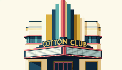 Cotton Club building in elegant art deco vector style, muted retro colors, vintage entertainment