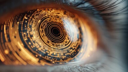 Close up of human eye with glowing digital interface futuristic cyber technology concept biometric scan artificial intelligence vision system 3d animation - Powered by Adobe