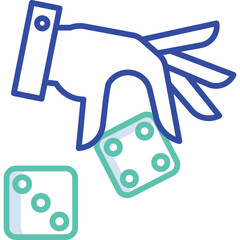 Close Up of a Hand Rolling Two Dice in a Game of Chance with Blue and Teal Outlines Against a Transparent Background