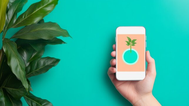 Hand Holding Phone Displaying Green Plant App Icon with Tropical Leaves on Teal Background, Technology, Nature