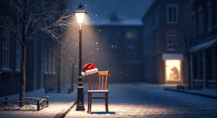 Christmas hat on a chair by a lamppost in a snowy winter street at night on transparent background