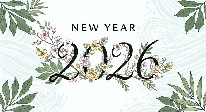 Elegant new year 2026 design with floral accents and a soft wavy background on transparent background