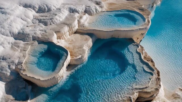 Aerial view of white travertine terraces filled with blue water natural thermal pools and mineral formations