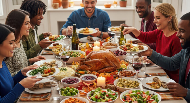 Joyful friends celebrate Thanksgiving with a delicious feast, sharing laughter and gratitude around a table filled with traditional holiday dishes