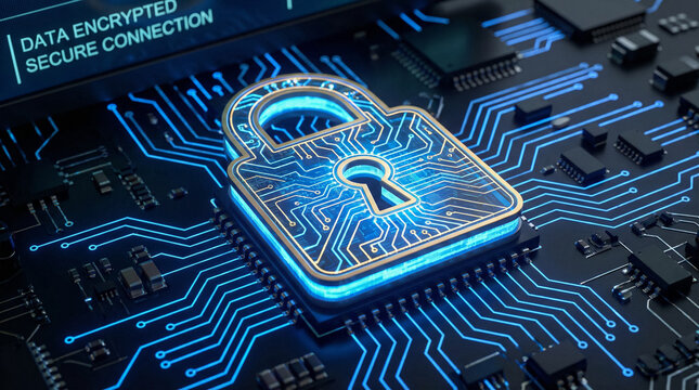 Cybersecurity Encryption: Illuminated padlock on a circuit board, symbolizing data protection and secure connection in the digital world.
