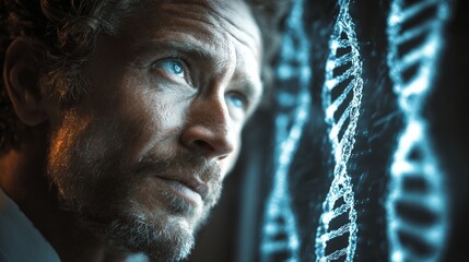 The intersection of technology and genetics: studies in shadowy labs. Color blocking. In a shadowed room, experts analyze dna displays for modern genetic studies. Digital artwork. Minimal layout.