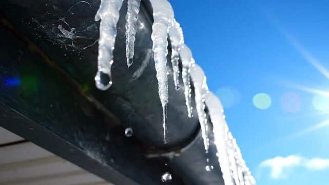 Close-up of sharp icicles hanging from a roof gutter with a bright sunny sky