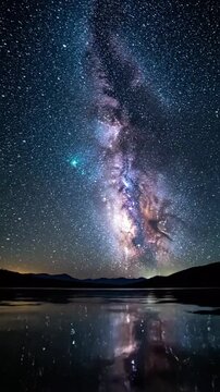 Vertical 9:16 star-trail timelapse above smooth desert plains,