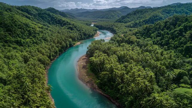 Wide aerial panorama of tropical rainforest with winding blue river surrounded by palm trees and rolling hills vibrant untouched nature landscape