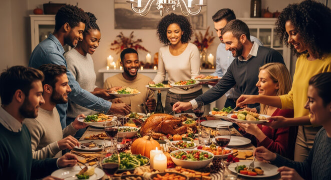 Diverse friends joyfully celebrating Thanksgiving with a festive feast, sharing delicious food and creating cherished memories at warm, inviting home