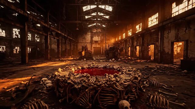 Abandoned industrial interior with eerie skeletal composition and pool