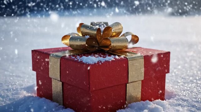 Red Gift Box with Gold Ribbon in Snowy Landscape