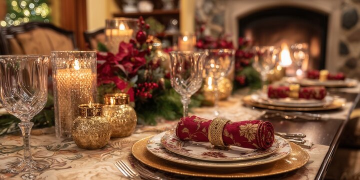 Christmas dinner table setting in red and gold tones with candles, fireplace in background, elegant festive atmosphere.