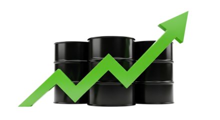 Three black oil barrels, with a rising green arrow graph, isolated on transparent background, PNG