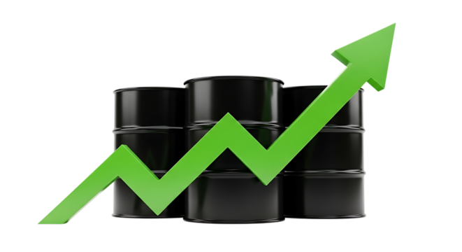 Three black oil barrels, with a rising green arrow graph, isolated on transparent background, PNG