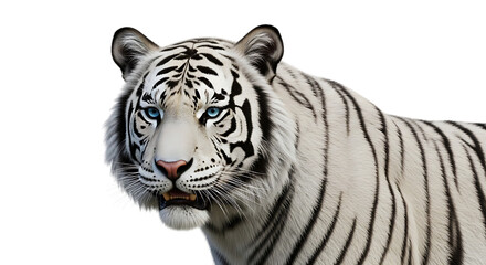Close up of a white tiger, with striking blue eyes and black stripes, isolated on transparent background, PNG