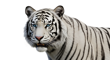 Close up of a white tiger, with striking blue eyes and black stripes, isolated on transparent background, PNG