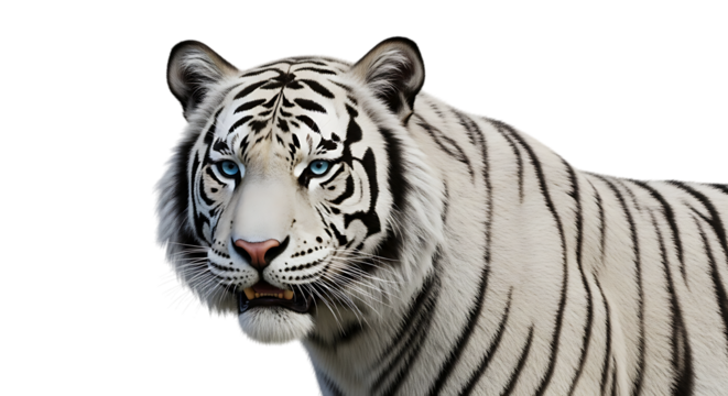 Close up of a white tiger, with striking blue eyes and black stripes, isolated on transparent background, PNG - Powered by Adobe
