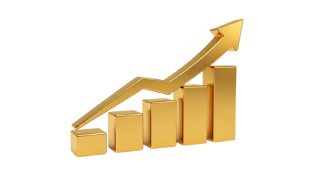 Shiny Golden Bar Chart, with Upward Trending Arrow, isolated on transparent background, PNG