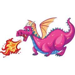 Vibrant Pink Dragon Breathing Fire with Orange Flames Against a Transparent Background A Pixelated Fantasy Creature in Dynamic Action