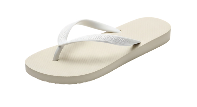 Single light beige flip flop, with white strap and textured sole, isolated on transparent background, PNG