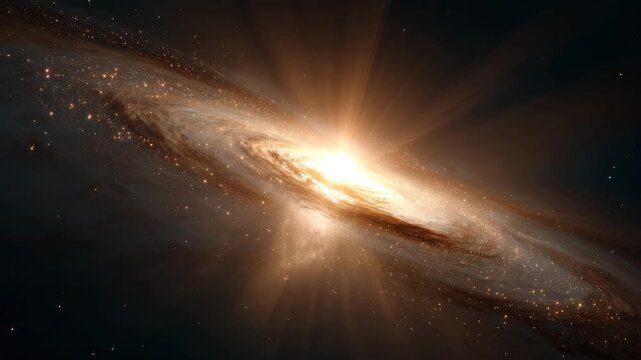Bright cosmic explosion inside swirling galaxy glowing dust and stars deep space astronomy concept