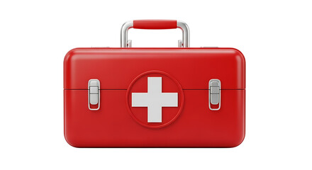 Obraz premium Red medical first aid kit, with white cross symbol and silver clasps, isolated on transparent background, PNG