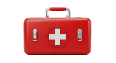 Red medical first aid kit, with white cross symbol and silver clasps, isolated on transparent background, PNG