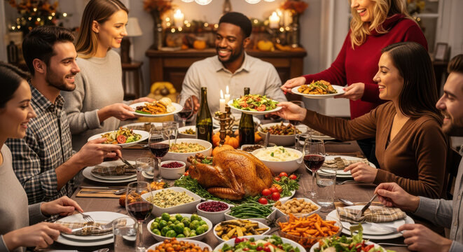 Diverse friends gathering for a delightful Thanksgiving dinner, sharing plates of food and creating cherished memories during a warm autumn celebration