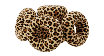 Four plush torus shapes, with leopard print texture clustered together, isolated on transparent background, PNG