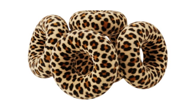 Four plush torus shapes, with leopard print texture clustered together, isolated on transparent background, PNG