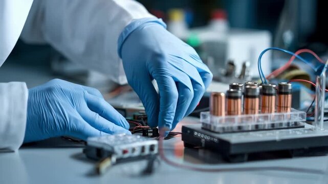 Closeup of advanced electronic equipment measuring electrical conductivity in copper samples under sterile laboratory lighting.