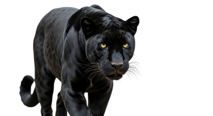 Close up of a black panther, with piercing yellow eyes walking forward, isolated on transparent background, PNG