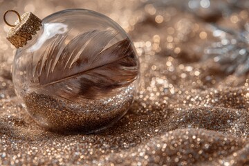 Elegant glass ornament filled with shimmering gold glitter and a delicate feather, resting on a soft, sparkling surface, embodying festive spirit and holiday cheer