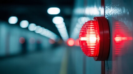 Urgent red emergency light flashing in dim tunnel warns of hazard ahead, promoting safety awareness