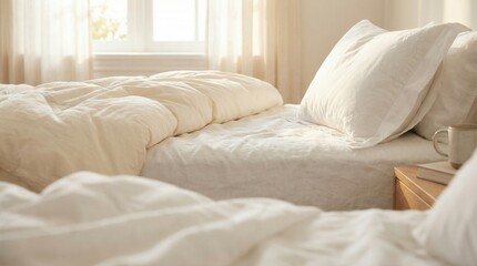 Fototapeta premium Cozy Bedroom Morning Light & Linen Bedding