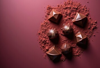 Valentine's Day 2026 love concept with broken chocolate hearts and cocoa powder on pink background. Romantic feelings, bittersweet emotions, breakup symbolism. Perfect for Valentine's cards, relations