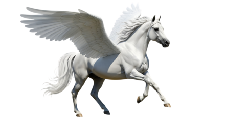 Majestic white winged horse Pegasus, in motion with flowing mane and tail, isolated on transparent background, PNG